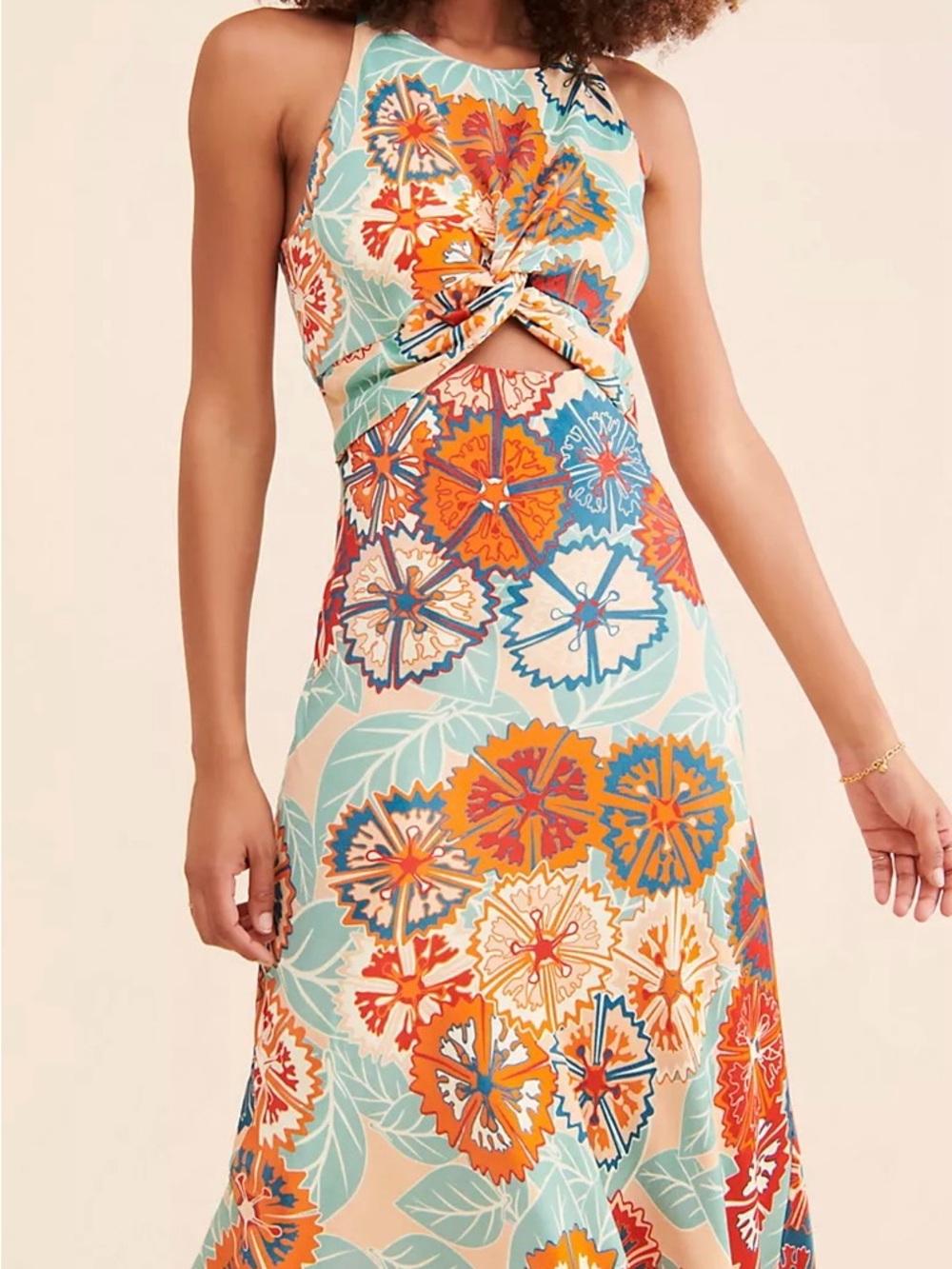 Twist-Front Floral Maxi Dress in Teal and Orange